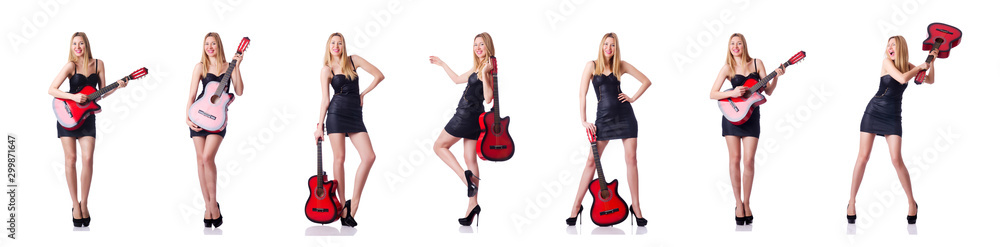 Female guitar player isolated on white