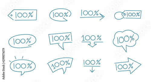 One hundred percent icon set. Blue colour line bubble. 100 percent message. Absolute quality. The best choice.