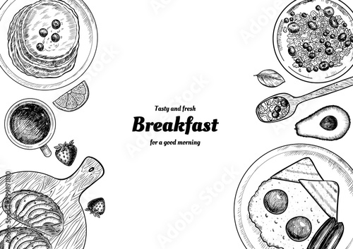 Healthy breakfast  frame. Breakfast table with pancakes, fried eggs, granola and fresh berries. Hand drawn illustration. Vintage style