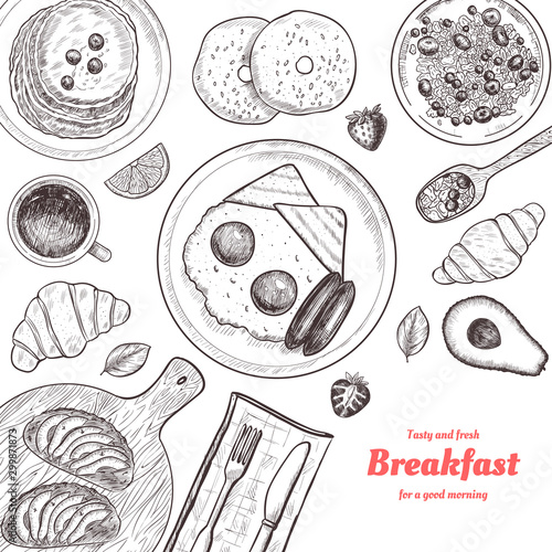 Healthy breakfast  frame. Breakfast table with pancakes, fried eggs, granola and fresh berries. Hand drawn illustration. Vintage style