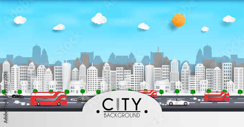 Vector paper cut and cityscape with buildings. and a house or village.and a magazine background.and traffic of cars within the city. and represents the city in Europe and used as an backdrop.