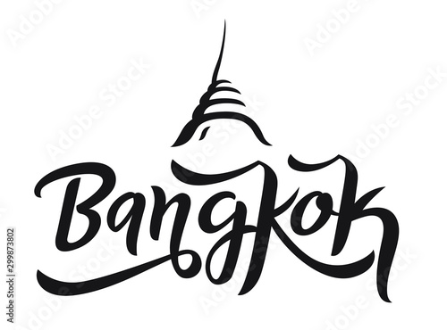 Bangkok city typography in calligraphy style brush with symbol of temple. For Thailand concept design.