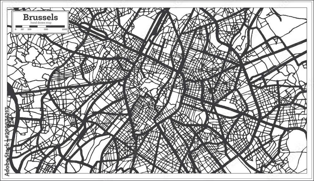 Brussels Belgium City Map in Black and White Color. Outline Map.