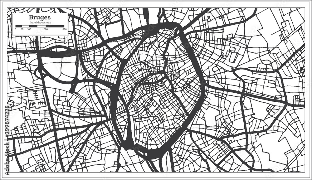 Naklejka premium Mapa miasta Brugia Belgia w kolorze czarno-białym. Mapa przeglądowa.