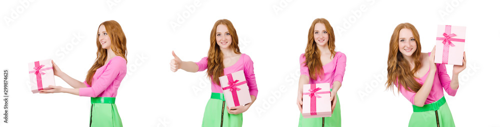 Young woman with christmas shopping on white Young woman with christmas shopping on white
