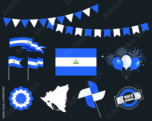 National holiday. Independence Day of Nicaragua, set of vector design elements, Made in Nicaragua. Map, flags, ribbons, turntables, sockets. Vector symbolism, set for your infographics. 15 of Septembe photo