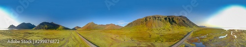 360 degrees Icelandic aerial landscape. 360 panorama of Vestrahorn mountain on a sunny day.