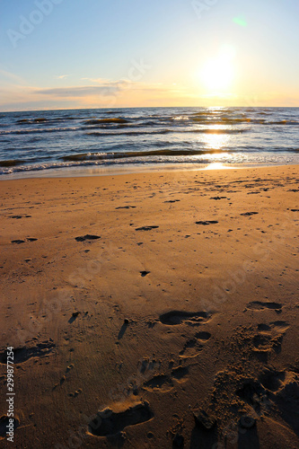 footprints on a sandy beach at sunset, palanga, Baltic sea, Lithuania
