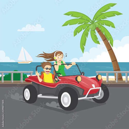 Couple rides buggy with beach background