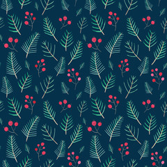 Seamless pattern. Christmas season decorative botanical elements on black background. Watercolor evergreen ilex, holly plant branches with red berries wrapping paper design