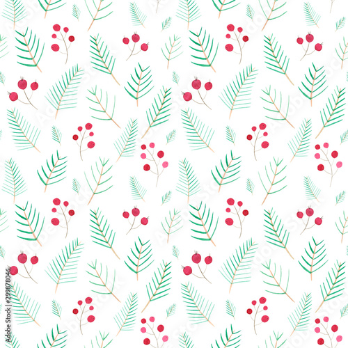 Seamless pattern. Christmas season decorative botanical elements on white background. Watercolor evergreen ilex, holly plant branches with red berries wrapping paper design
