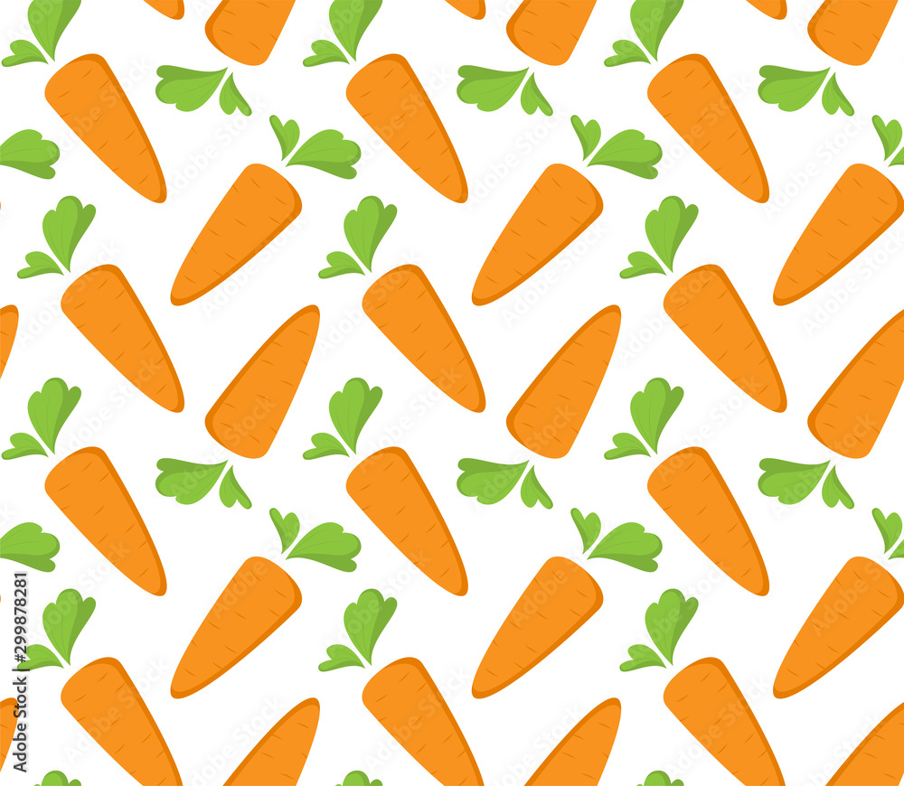 Carrot Seamless Pattern with flat orange vegetable, cartoon food illustration. Trendy background ornament. Cute print for menu, wallpaper, 100 vegan or vegetarian diet, textile design, easter, eco Carrot Seamless Pattern with flat orange vegetable, cartoon food illustration. Trendy background ornament. Cute print for menu, wallpaper, 100 vegan or vegetarian diet, textile design, easter, eco