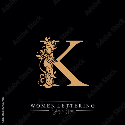 Initial letter Luxury K logo with beautiful woman portrait. Leaf Ornament Luxury glamour concept.