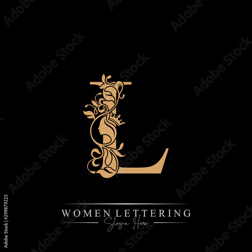 Initial letter Luxury L logo with beautiful woman portrait. Leaf Ornament Luxury glamour concept.
