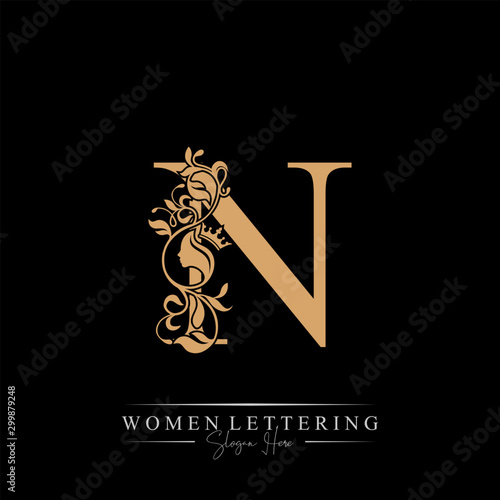Initial letter Luxury N logo with beautiful woman portrait. Leaf Ornament Luxury glamour concept.