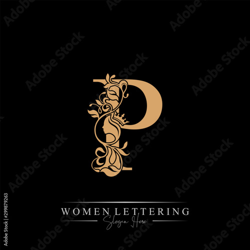 Initial letter Luxury P logo with beautiful woman portrait. Leaf Ornament Luxury glamour concept.