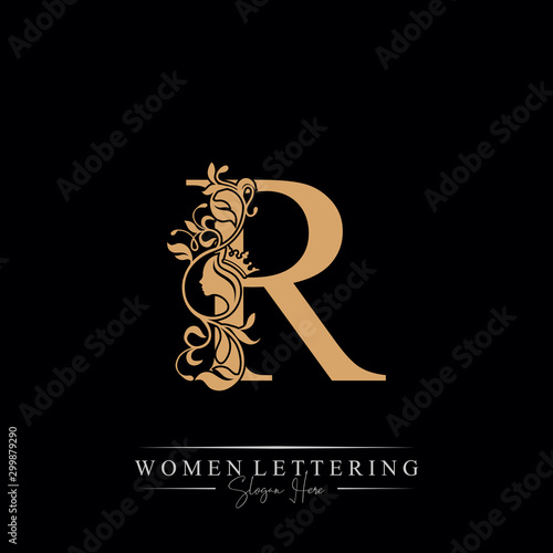 Initial letter Luxury R logo with beautiful woman portrait. Leaf Ornament Luxury glamour concept.