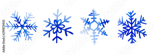 Collection of artistic blue snowflakes with watercolor texture. Stock vector set. Can be used for printed materials, prints, posters, cards, logo. Abstract background. Hand drawn decorative elements. 