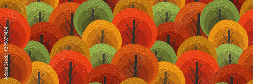 Seamless vector pattern with hand drawn autumn forest. Stylized colorful trees. Endless texture, backdrop with abstract elements of plants. Creative template for fashion prints, backgrounds, prints...