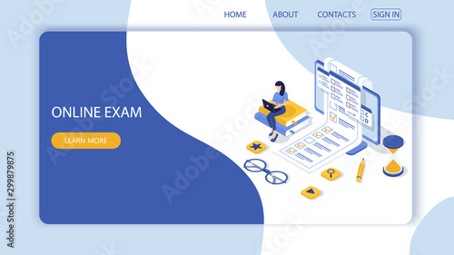 Landing page with design template for questionnaire form, online education survey. Online exam computer web app. Education, knowledge vector concept.