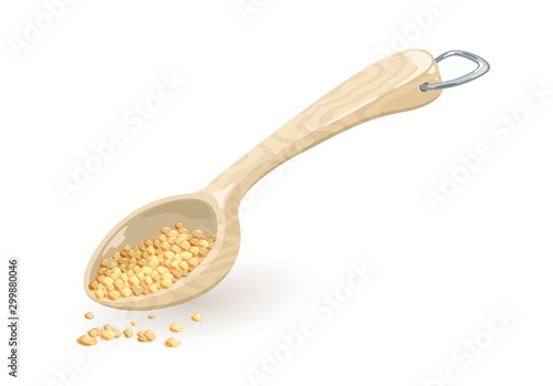 Sesame, coriander or fenugreek seeds are in measuring wooden or plastic spoon, scoop. Bulgur, couscous, millet or corn grits spill out from ladle, bailer with metallic d-ring hung. Vector on white.