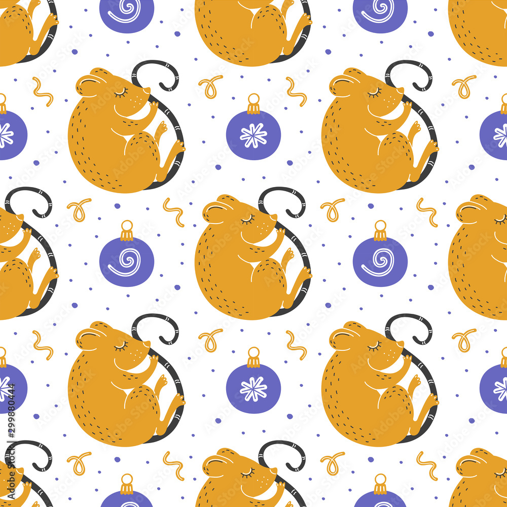 Year of the Rat seamless pattern. Happy Chinese New Year 2020. Chinese zodiac symbol of 2020 vector background. Hand drawn flat rats, mouses with Christmas tree toys background. Paper background. 