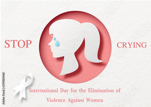 Silhouette of woman head crying in a pink circle with the name, slogan of campaign and white ribbon on paper pattern background. All in vector design and paper cut style.