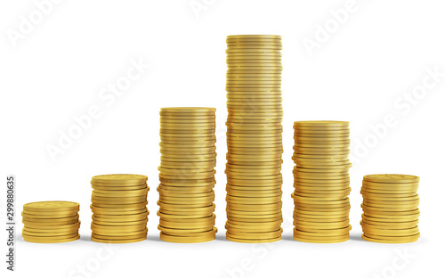 Stack of golden coins on white background. Clipping path included. 3D rendering