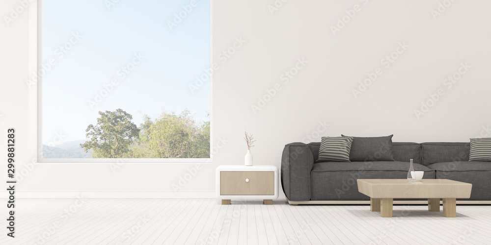 Fototapeta premium Perspective of modern luxury living room with grey sofa and white side table on wall, Minimal, home idea with large window on nature background. - 3D rendering.