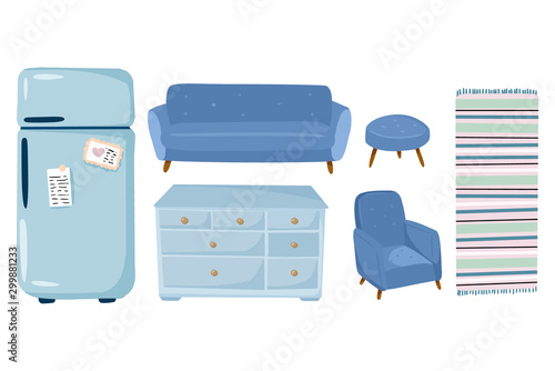 Stylish scandic living room interior elements - furniture, sofa, armchair, wardrobe, fridge, carpet. Home lagom decorations. Cozy season. Modern comfy apartment furnished in hygge style