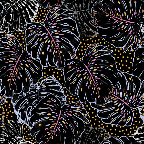 Colorful Line monstera leaves mixed with polka dots seamless pattern vector ,Design for fashion ,fabric,wallpaper,web and all prints
