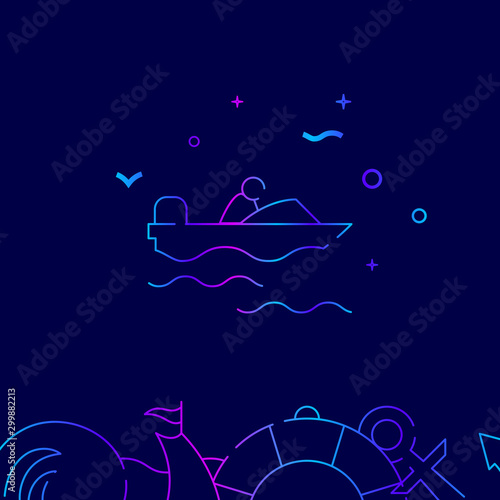 Powerboat, motorboat vector gradient line icon, illustration on a dark blue background. Related bottom border