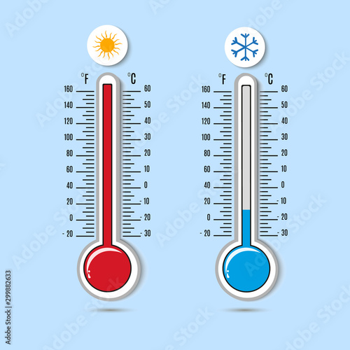 Meteorological thermometers on a white background. Blue and red thermometers. Vector illustration