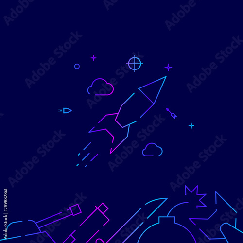 Ballistic missile, rocket flight vector gradient line icon, illustration on dark blue background. Related bottom border