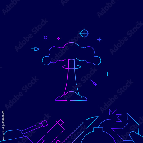 Nuclear explosion, mushroom cloud vector gradient line icon, illustration on dark blue background. Related bottom border