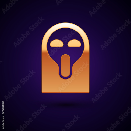 Gold Funny and scary ghost mask for Halloween icon isolated on dark blue background. Happy Halloween party. Vector Illustration