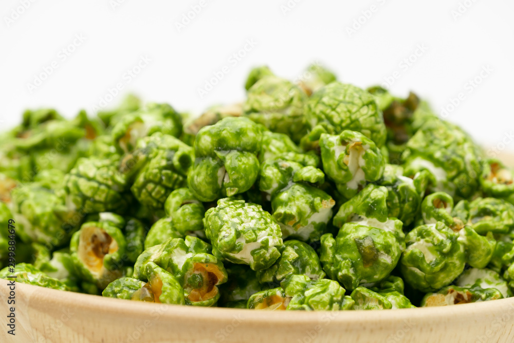 Lush of Japanese matcha green tea popcorn with white background for copy space text, Popular snack with favorite movie Lush of Japanese matcha green tea popcorn with white background for copy space text, Popular snack with favorite movie