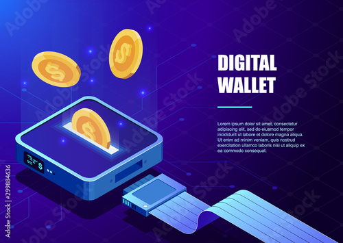 Digital wallet. Online bank, banking concept. Cyber money. Payment online. Digital banking online, isometric icon of falling coin, electronic internet purse.