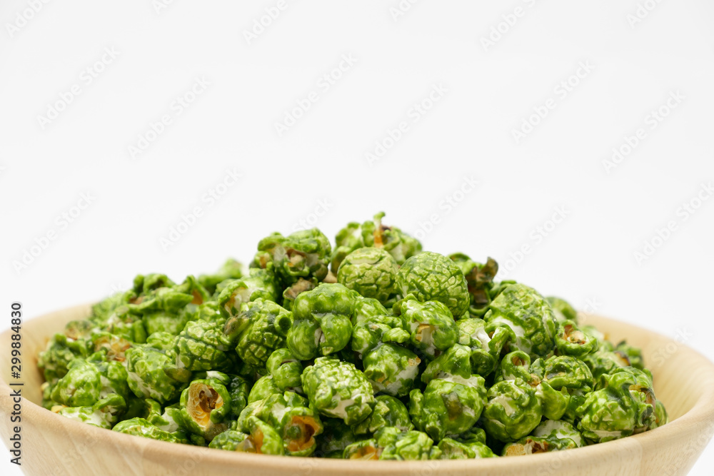 Lush of Japanese matcha green tea popcorn with white background for copy space text, Popular snack with favorite movie Lush of Japanese matcha green tea popcorn with white background for copy space text, Popular snack with favorite movie