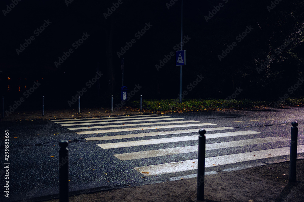 City street with blurred cars and wet asphalt closeup of a white pedestrian cross over - obrazy, fototapety, plakaty 