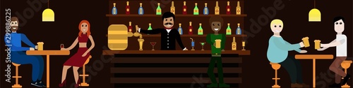 People sit in a bar drinking beer and talking bartender pouring beer two friends, black man in foreground, couple of lovers, concept design for website for designers