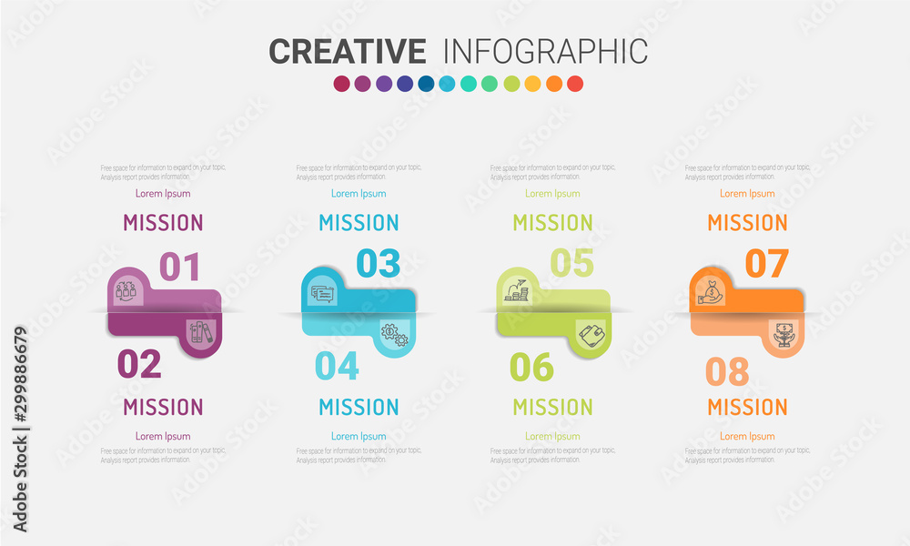 Infographic design template with numbers 8 option for Presentation infographic, Timeline infographics, steps or processes. Vector illustration.