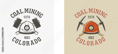 Color illustration of a helmet, hammer, pickaxe and text on the background. Vector illustration of a coal mining company logo