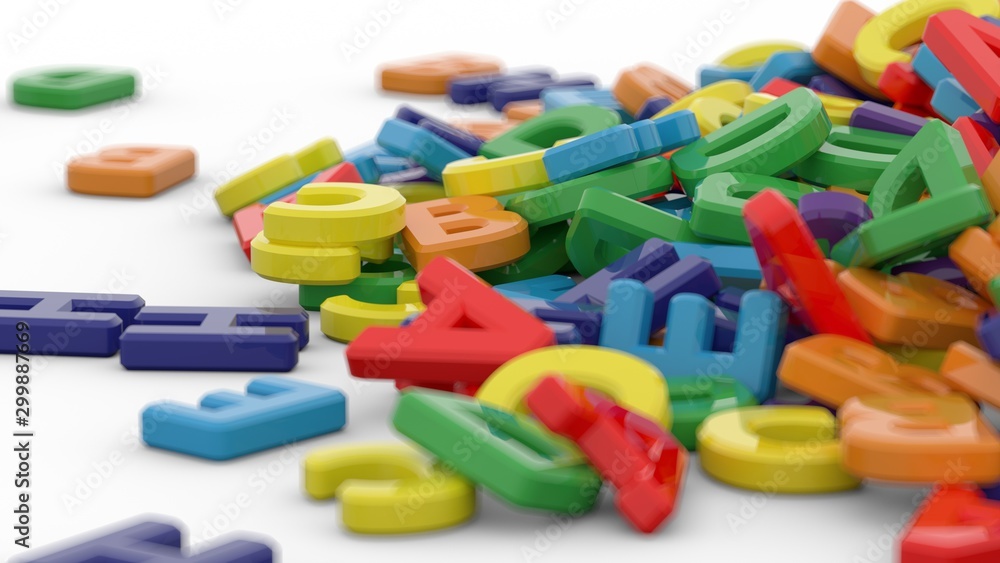 Alphabet letters on plain background. Plastic alphabet letters on white background. Rainbow colors. 3D illustration. 3D rendering Alphabet letters on plain background. Plastic alphabet letters on white background. Rainbow colors. 3D illustration. 3D rendering