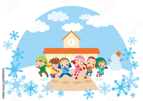 雪が積もった冬の日に幼稚園の前でジャンプする元気な子供たち【ドーム型】