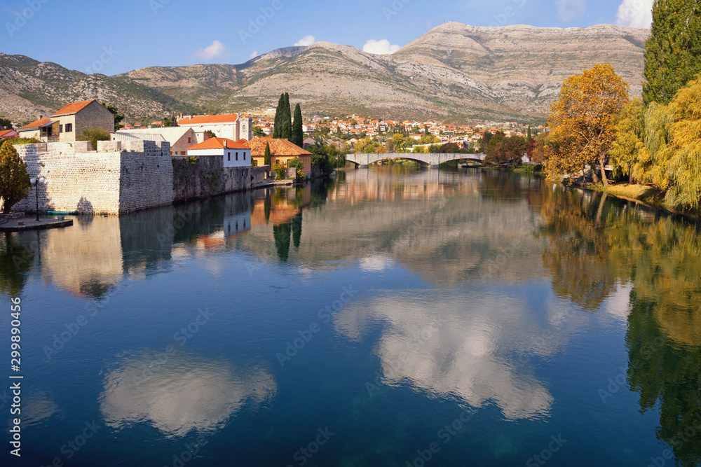 Beautiful autumn landscape. View of Trebisnjica river on sunny day. Bosnia and Herzegovina, Republika Srpska, Trebinje city