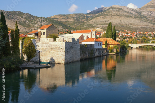 View of Old Town of Trebinje city and Trebisnjica river on sunny autumn day. Bosnia and Herzegovina, Republika Srpska