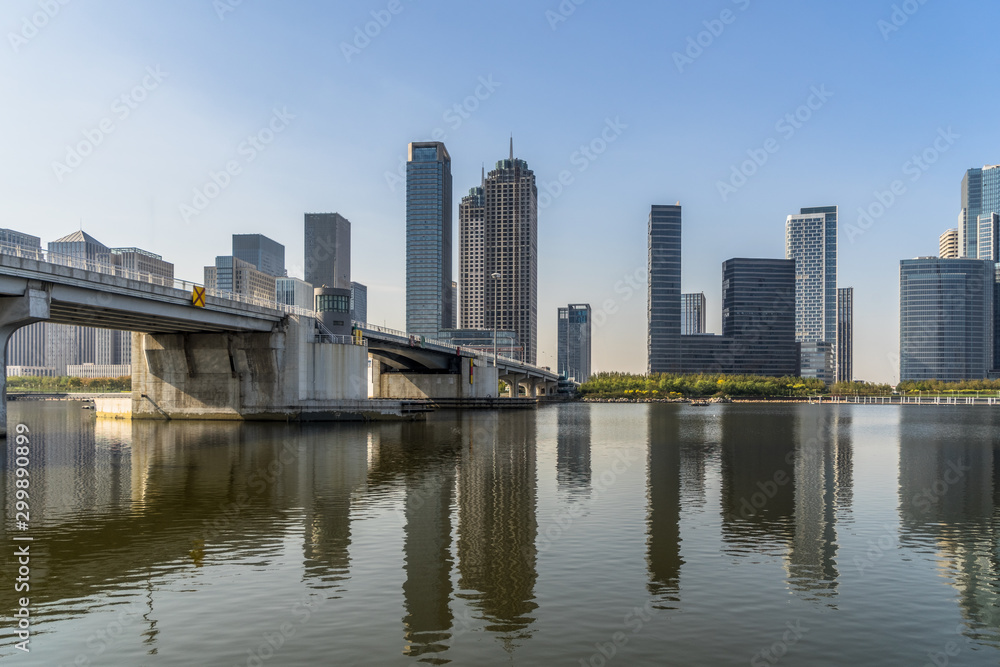 Naklejka premium Tianjin city waterfront downtown skyline,China..