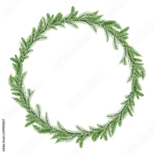 Round garland christmas Fir branch isolated on white background