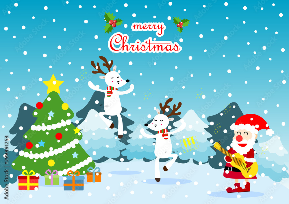 Merry Christmas greeting card with cute Santa Claus and deer. Holiday cartoon character in winter season. -Vector. Merry Christmas greeting card with cute Santa Claus and deer. Holiday cartoon character in winter season. -Vector.
